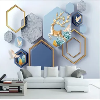 

3d modern minimalist geometric marble elk fortune tree wallpaper