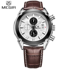 Nouvelle Marque De Luxe MEGIR Brun En Cuir Bande Chronographe Quartz Montre Hommes Sport montre-Bracelet Étanche Horloge Homme relogio masculino
