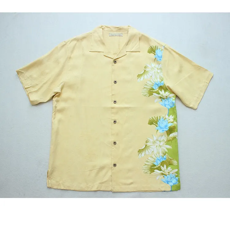 

Hawaiian Silk Short Sleeve Floral Printed Shirt for Men Light Yellow Casual Summer