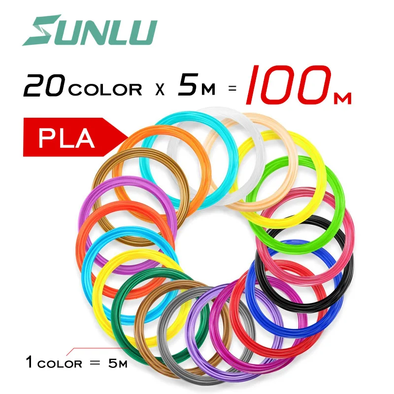 SUNLU новая SL-300 3D Ручка на выбор с 20 цветами 5 м PLA нити и ЖК-контроль температуры безопасный для детей - Цвет: PLA filament 100m