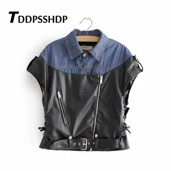 

Denim Fabric and Pu Leather Patchwork Women Jacket Short Sleeve Waist Belt Female Coat