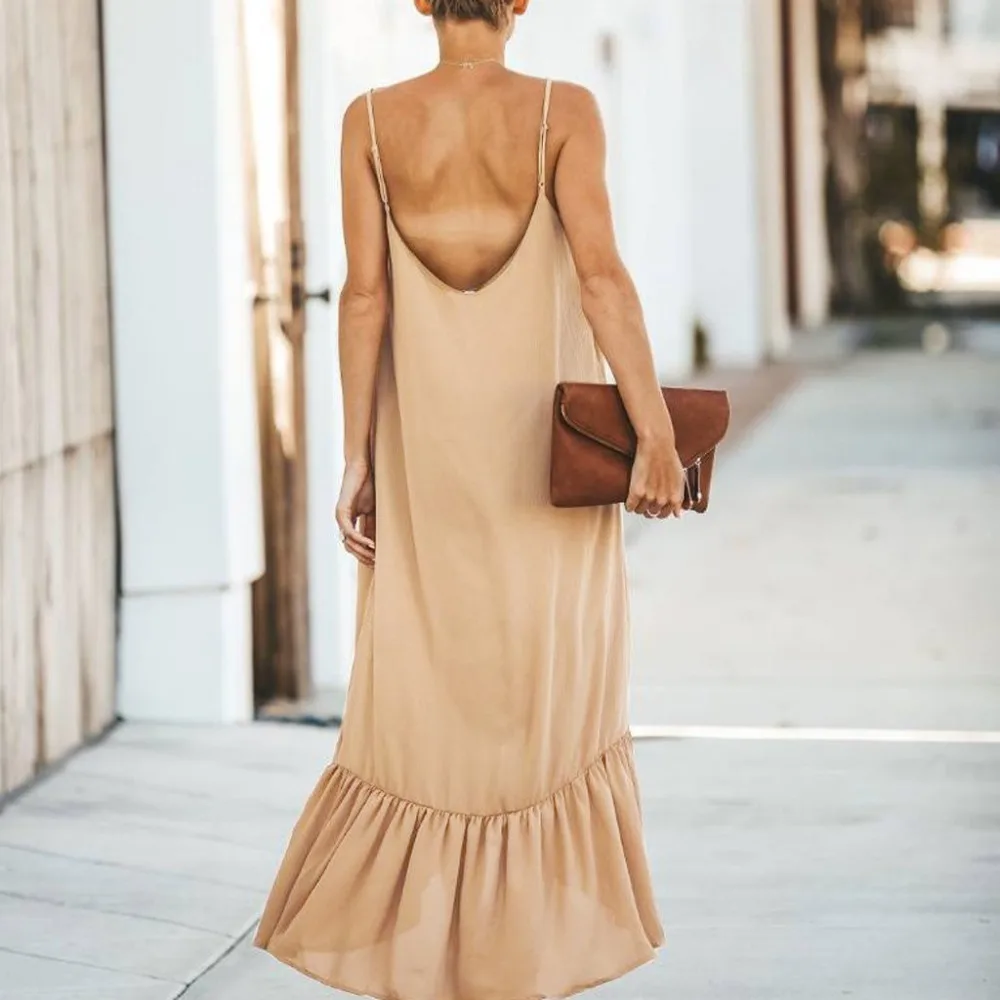 2019 new beach dress Women Summer Holiday Fold V-Neck Irregular Beach Maxi Dress solid loose summer dress @7