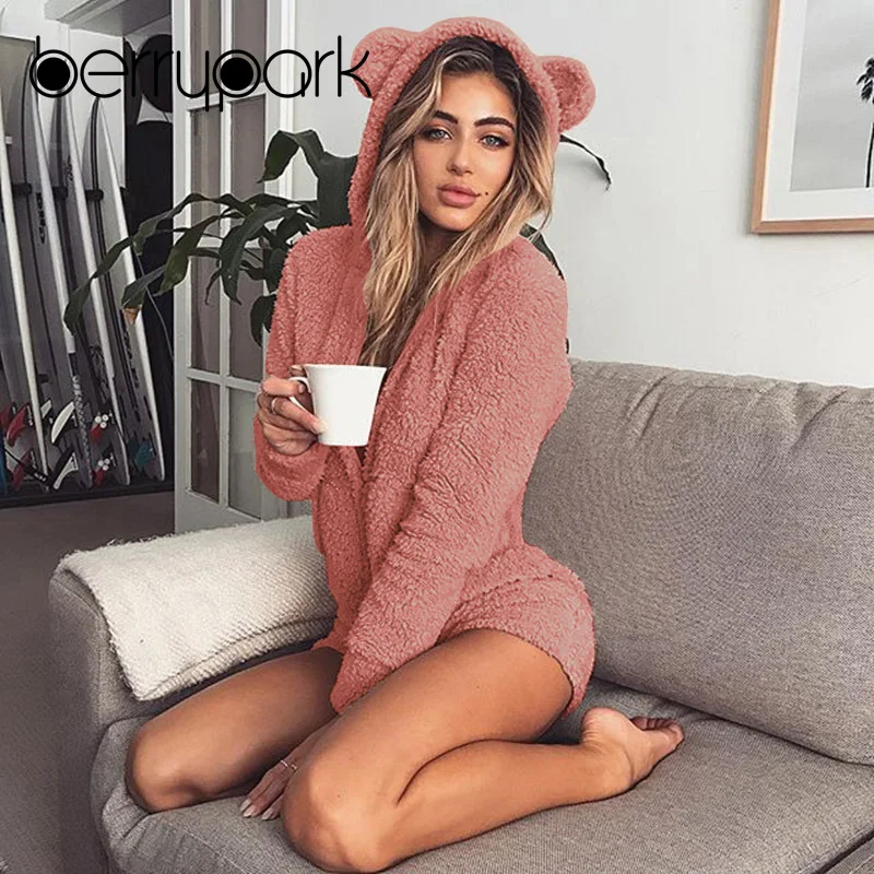 BerryPark Новинка 2019 года зима для женщин мягкий коралловый флис бархат Playsuit милый медведь Толстовка комбинезон фланель Домашняя одежда