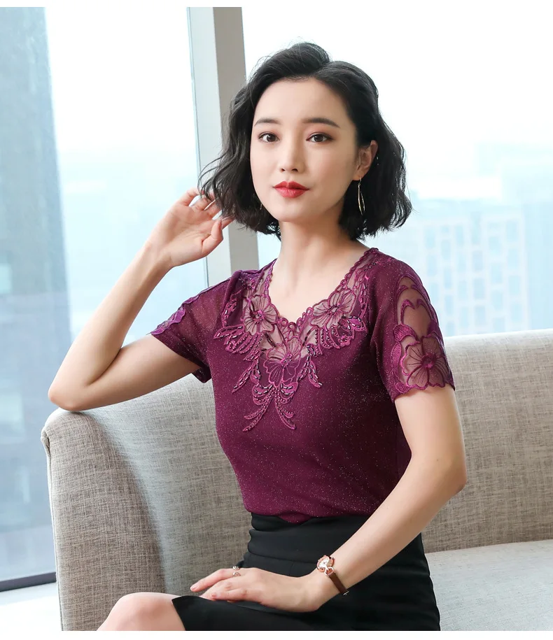 Dingaozlz модная сетчатая рубашка с коротким рукавом женские летние топы больших размеров Повседневная Кружевная блуза с вышивкой больших размеров