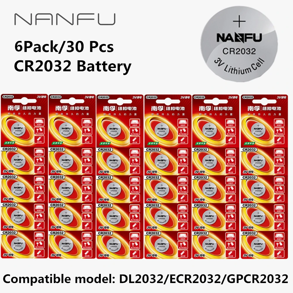 

NANFU 6 Pack/30 Pcs 3V Button Battery CR2032 DL2032 ECR2032 GPCR2032 Cell Coin Lithium Li-ion Batteries 20mm*3.2mm