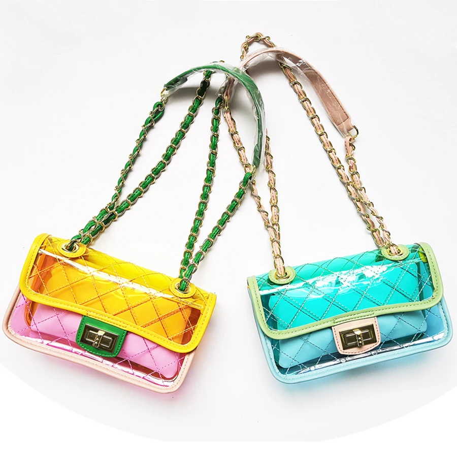 

Summer Women PVC Plastic Transparent Message Bag Ling Plaid Chains Bag Candy Jelly Cross Bag