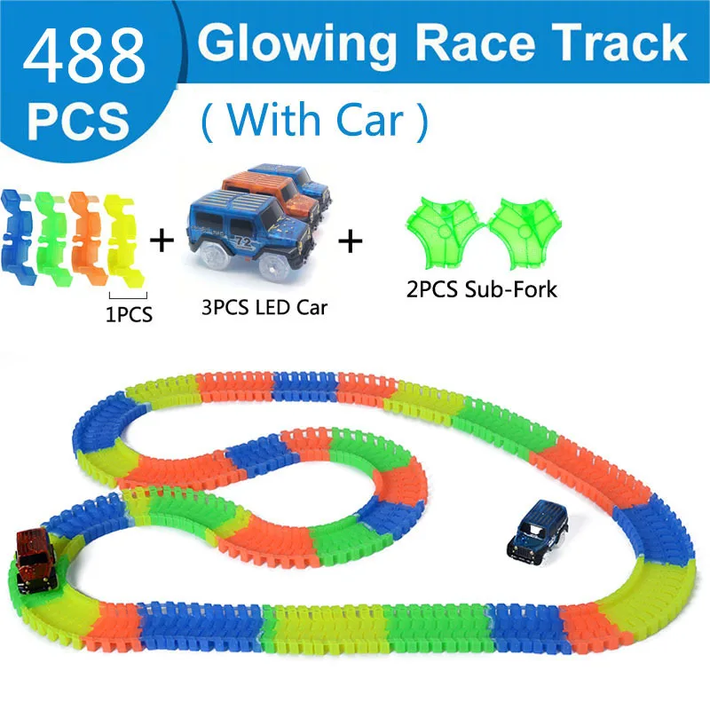 Электронный вагон железная дорога магический светящийся гибкий трек игрушечный автомобиль детский гоночный гибкий трек светодиодный мигающий светильник DIY игрушка Подарки - Цвет: 488PCS 3car Lane