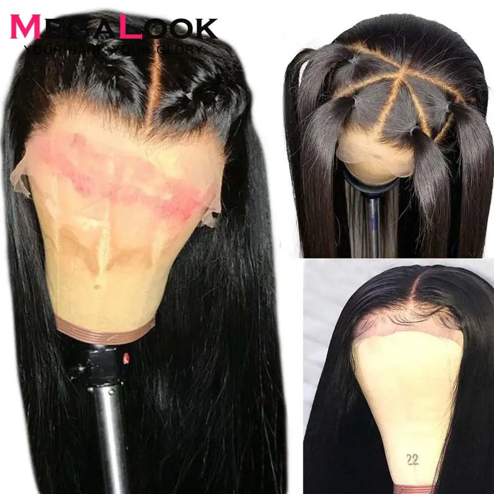 Pelucas de pelo humano Frontal de encaje recto predesplumadas con pelo de bebé pelucas frontales de encaje Megalook sin pegamento de 180% densidad Pelucas de pelo humano Frontal de encaje recto predesplumadas con pelo de bebé pelucas frontales de encaje Megalook sin pegamento de 180% densidad