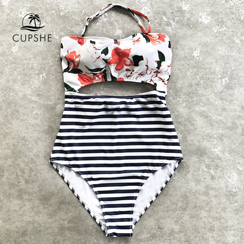 

CUPSHE Open Lilies Flora Print One-piece Swimwear Women Cutout Back Tied Bow Halter Monokini 2019 Beach Bathing Suits Swimsuits