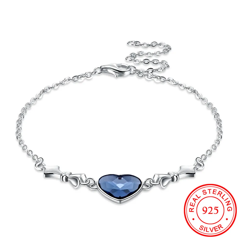 

Authentic 100% Real 925 Sterling Silver Blue Austrian Crystal Heart Chain Bracelet Fine Wedding Party Jewelry Gift for Women