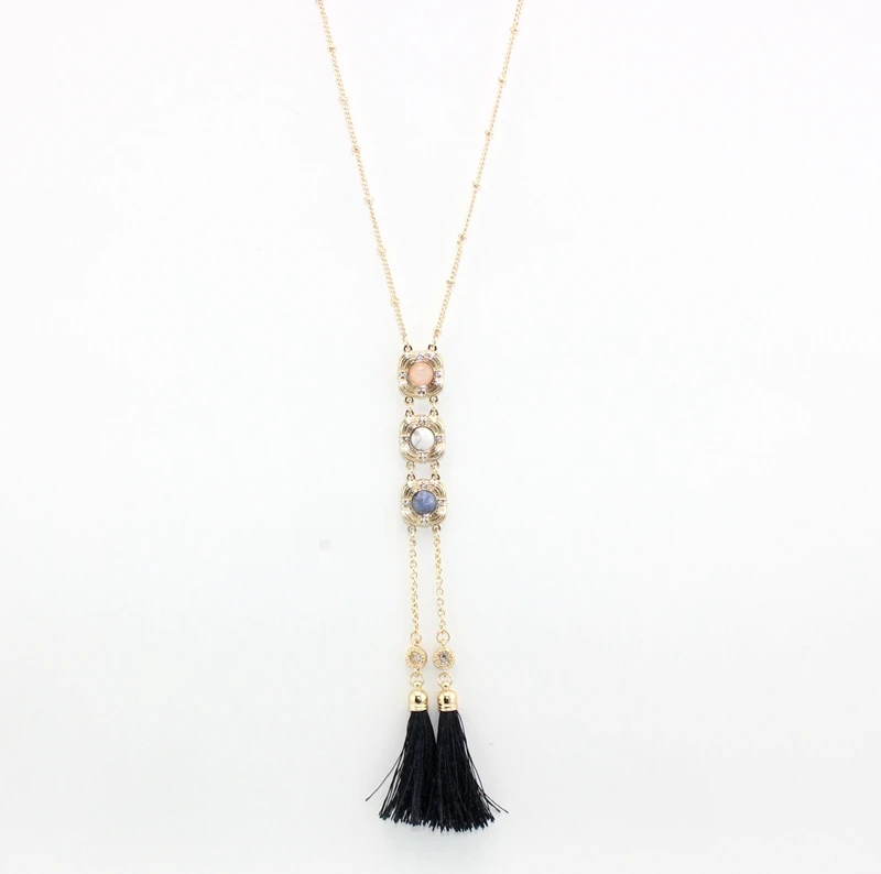 Image Fashion square flower pendant Double Tassel Necklaces 2016 Long multicolor natural stone Necklace Pendants for Women