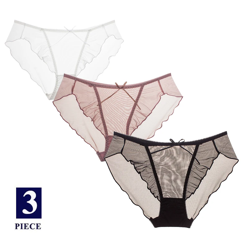 

Women Panties 3Pcs/Set Sexy Mesh Transparent Underwear Ruffles Comfort Female Briefs Ladies Low Rise Underpants Lingerie