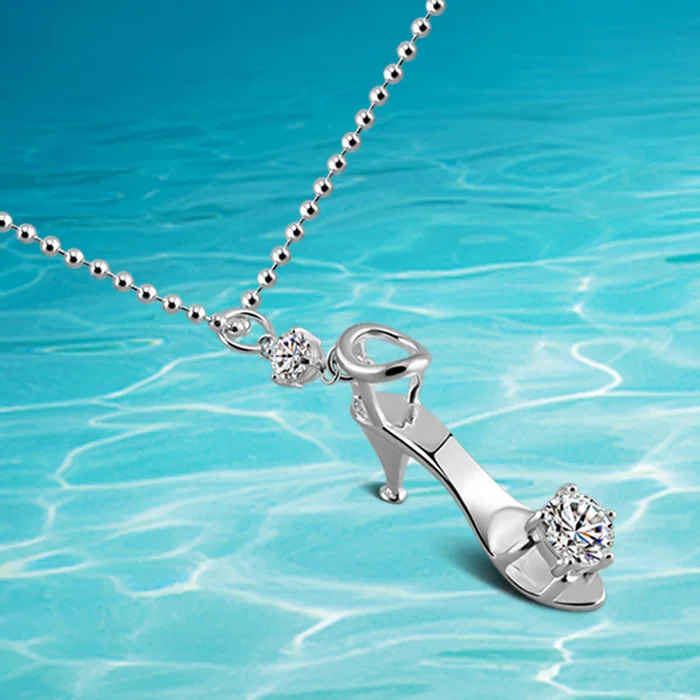 925 sterling silver Dream Cinderella glass slipper necklace.Fashion necklace long sweater chain