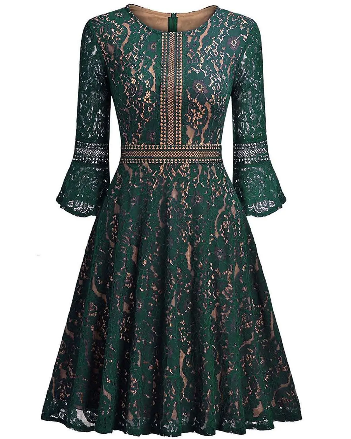 Женское винтажное платье трапециевидной формы с длинными кружевными контрастными расклешенными рукавами, вечерние платья, Vestido de festa - Цвет: green