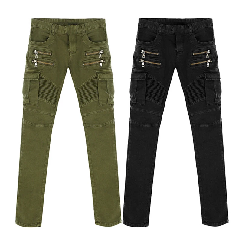Мужские обтягивающие Подиумные потертые тонкие эластичные джинсы хип-хоп моющийся зеленый черный молния карманы деним Байкер Карандаш Твердые джинсы