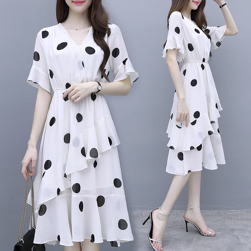 

2019 Summer Chiffon Dress Women A-line Ruffles Dot Boho Dress Elegant Ladies Slim New Casual Black White Dresses Vestidos