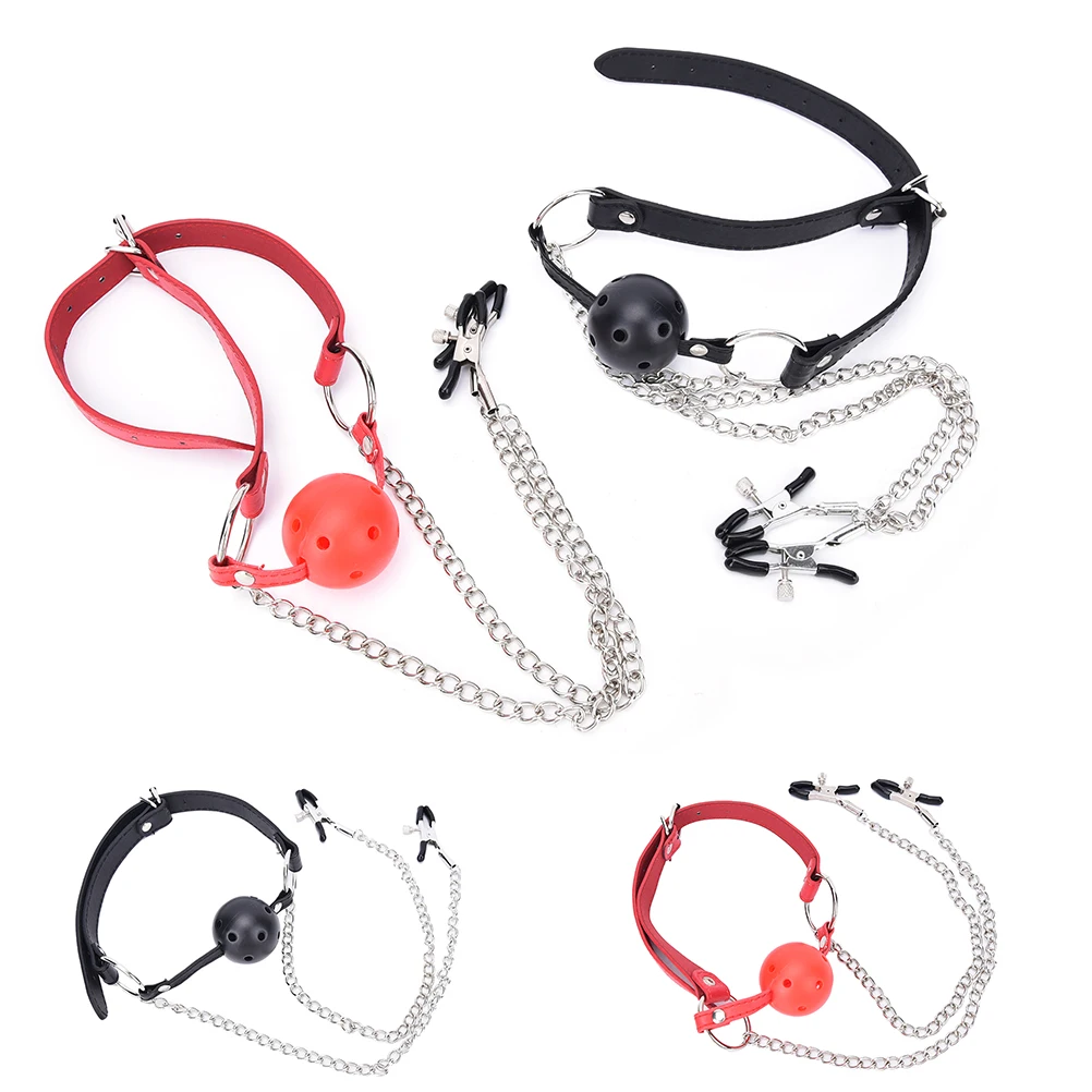 Novelty Leather Mouth Gag Ball Oral Sex With Breast Nipple Clamps With Chain Clip Bdsm Fetish Bondage Harness Exotic Accessories