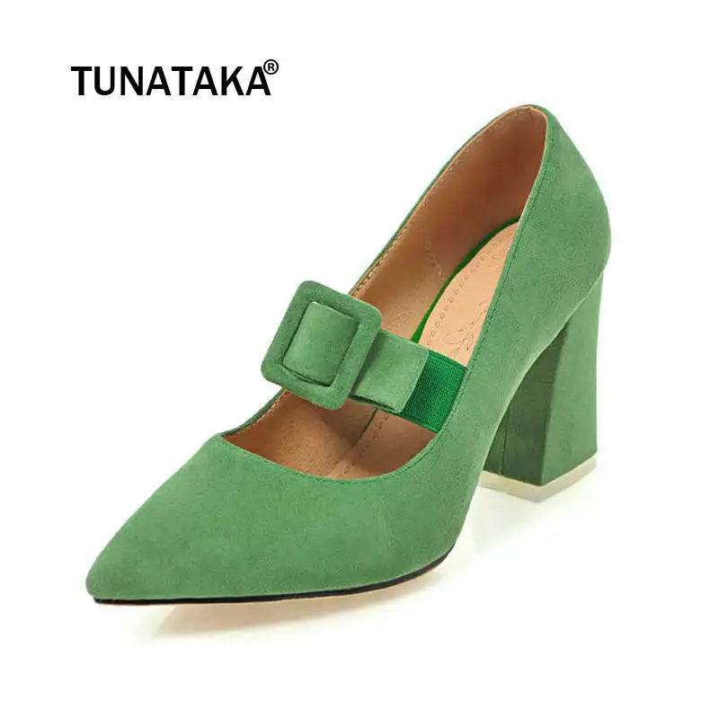 

Fashion Pointed Toe Mary Jane Pumps Faux Suede Buckle Chunky High Heels Slip On Women's Shoes