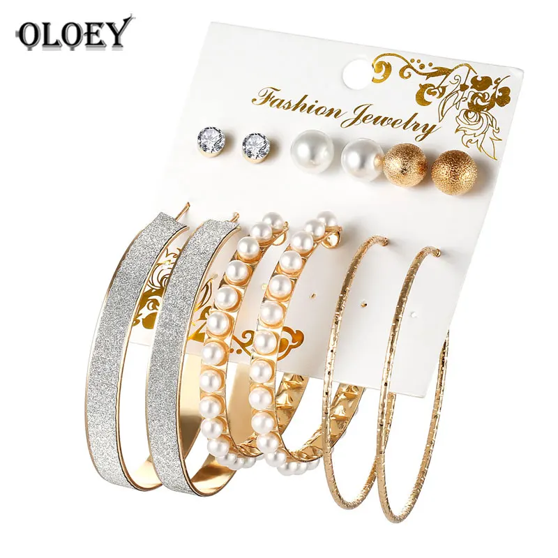 

OLOEY 6 Pairs/Set Fashion Simulate Pearl Earrings for Women Big Circle Hoop Earring Set Wedding Party Jewelry Brincos YMCJE013