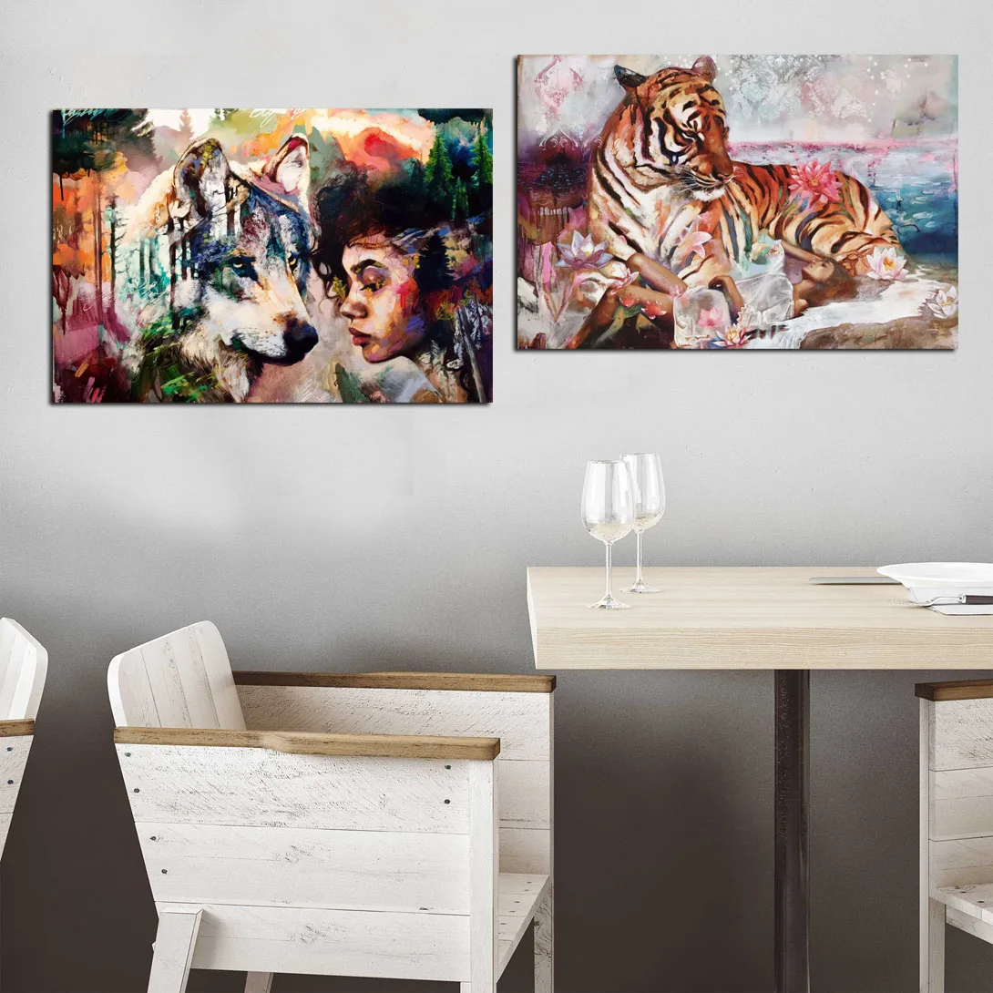 

Abstract Wolf Woman Wall Art Scroll Canvas Framed Print Painting Vintage Posters and Prints Wall Pictures Modern Home Decoration