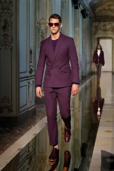 

Double Breasted Men Suits Blazer With Pants Bespoke Mariage Homme Wedding Tuxedos Purple Best Man Suits (Coat+Pants+Bow)