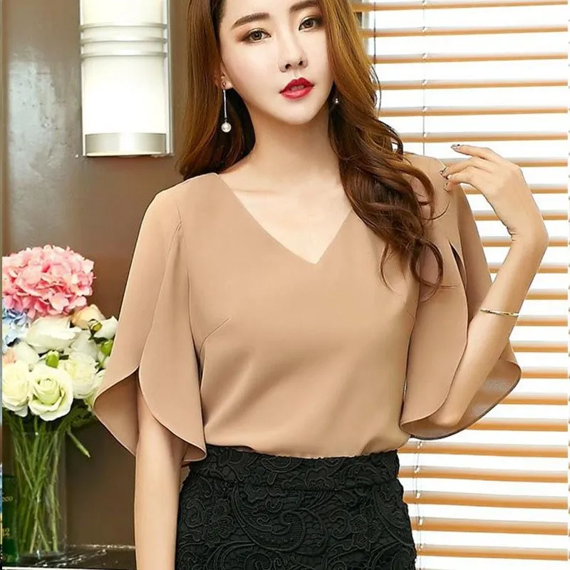 

Elegant Office Lady Butterfly Sleeve Split Trim V-Neck Solid Blouse Short Lady Women Tops And Blouses