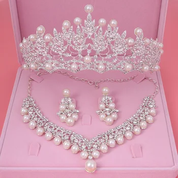 

Bride Crystal Pearl Costume jewelery sets New Design Rhinestone Choker Necklace Earrings Tiara Bridal Women Wedding Jewelry Set