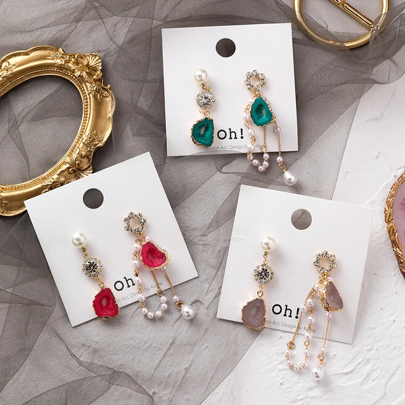 

Korea Geometric Irregular Stone Imitation Pearl Asymmetric Tassel Earrings For Women Fashion Jewelry Rhinestone Oorbellen