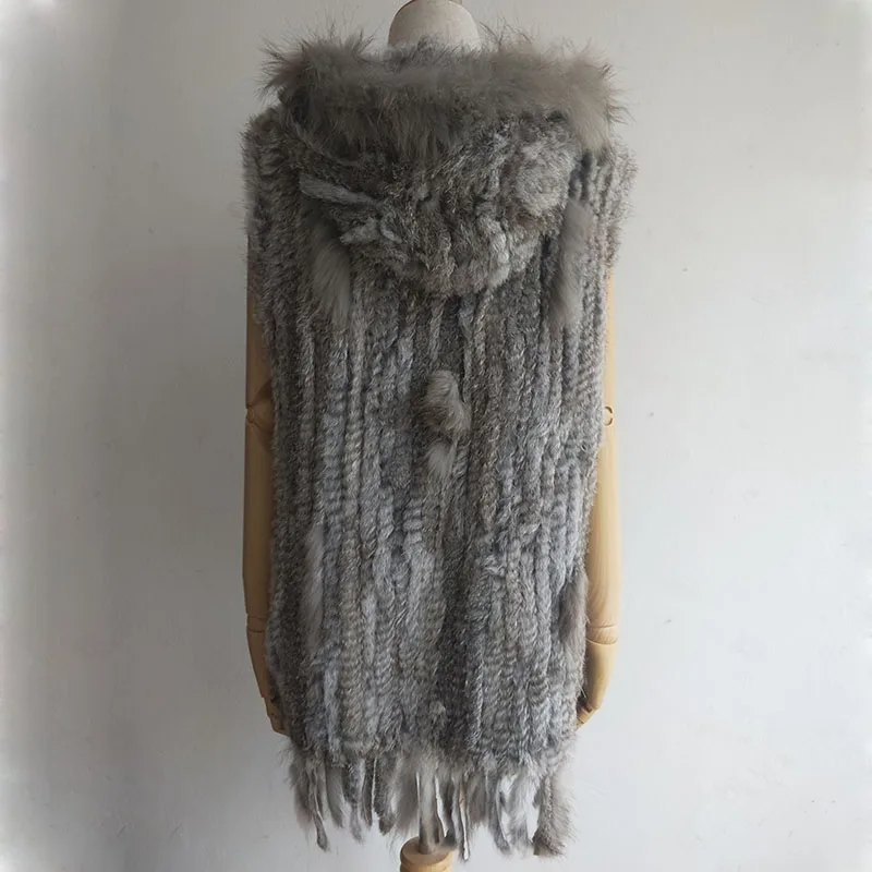 Long Real Rabbit Fur Vest With Hood Natrual Knitted Fur Vests