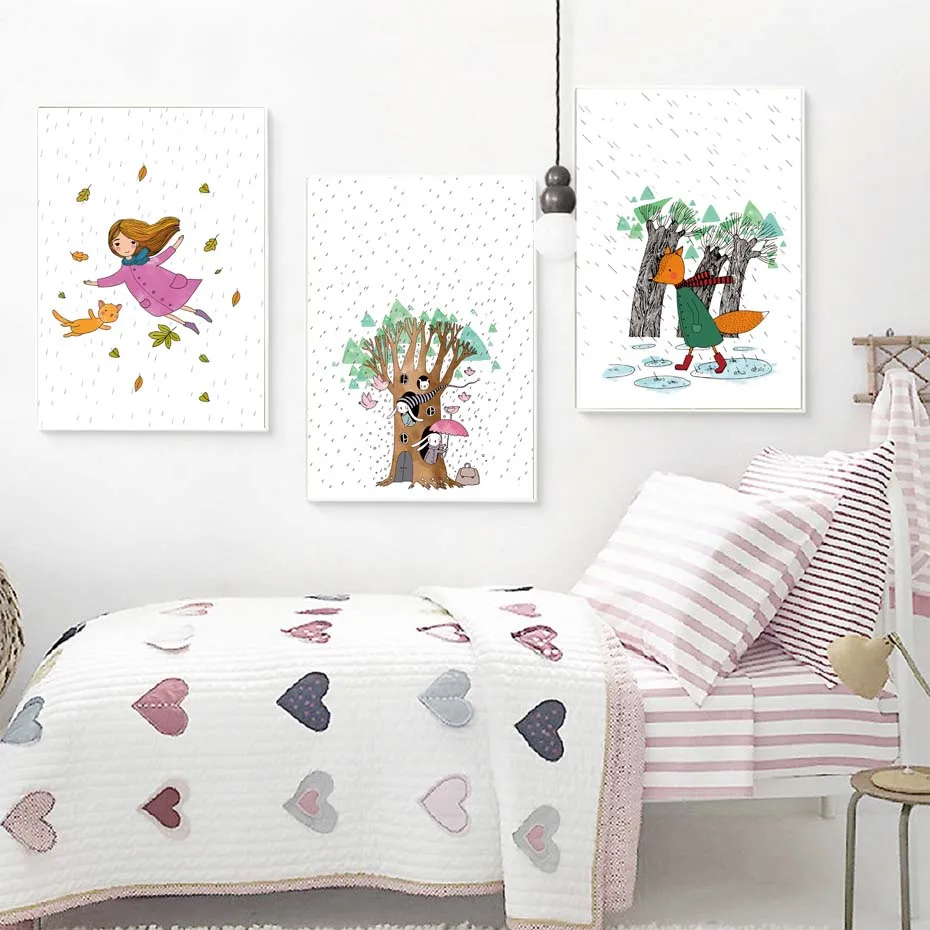 Мультфильм девушка Лис, Постер и печати абстрактная Wall Art Холст Картина Nordic Стиль детская картина для Гостиная Home Decor