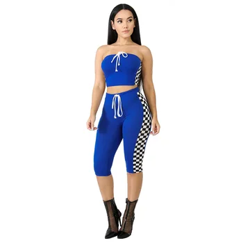 

Two Piece Set Women Plaid Print Crop Tops and Shorts Sweat Suits Sexy Casual Summer Outfits Tracksuit Slash Neck Top+Knee Length