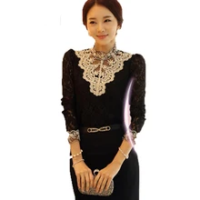 Women Clothing Long Sleeve Tshirt High Collar Chiffon Lace Shirt Casual Patchwork Lace Tops Slim Beaded Plus size Lace T shirt lace patchwork keyhole t shirt