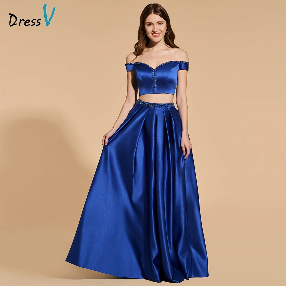 Dressv dark blue beading long prom dress crop top empire waist zipper