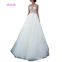 Una Línea de Tul Vestidos de Novia Ilusión de la Vendimia Apliques de Encaje Piso de la Boda Vestidos de Novia Barrer Tren Vestido sin Mangas Nupcial 2019 Una Línea de Tul Vestidos de Novia Ilusión de la Vendimia Apliques de Encaje Piso de la Boda Vestidos de Novia Barrer Tren Vestido sin Mangas Nupcial 2019