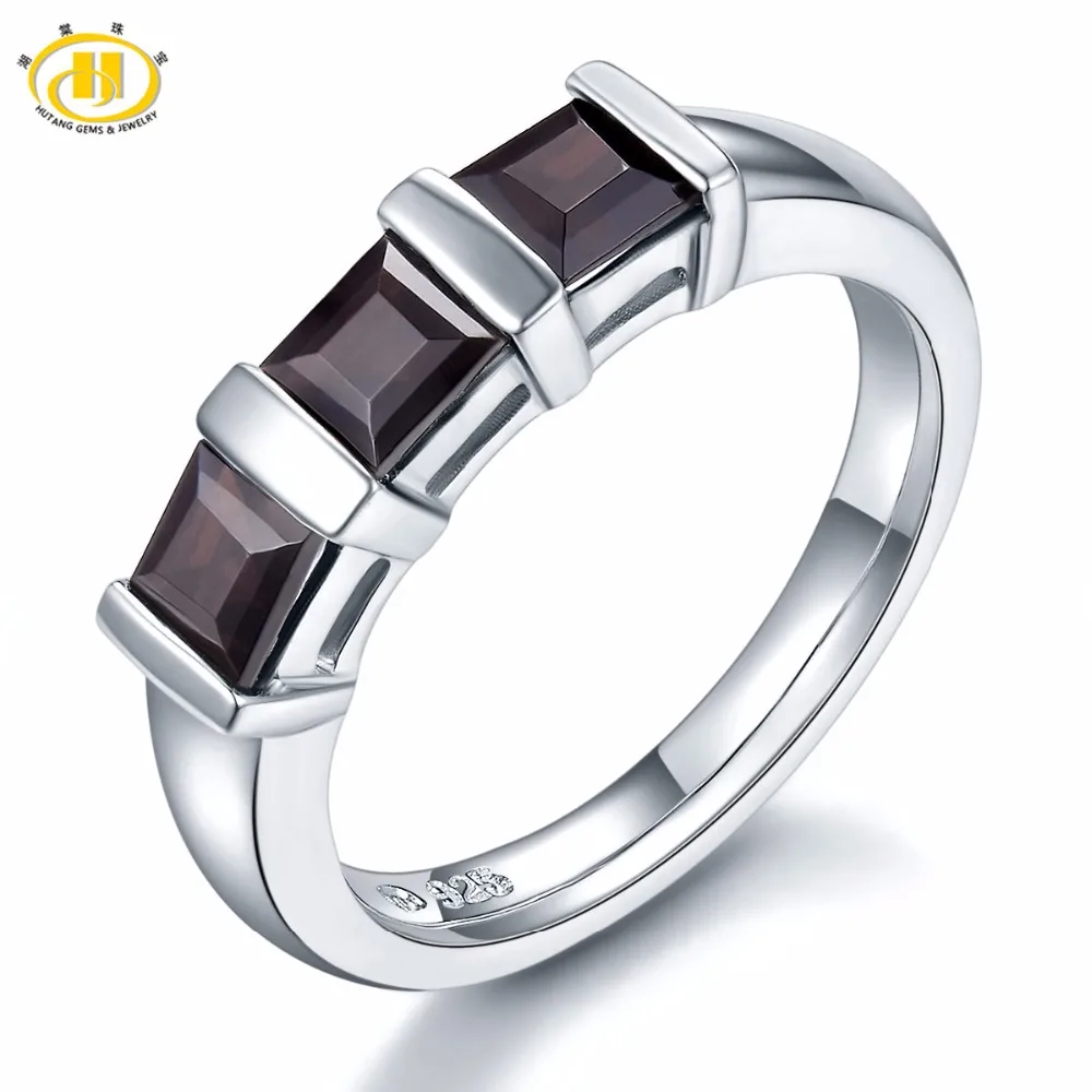 HUTANG 3-Stone Natural Black Garnet Solid 925 Sterling Silver Ring Gemstone Fine Stone Jewelry Women's Christmas Gift New HUTANG 3-Stone Natural Black Garnet Solid 925 Sterling Silver Ring Gemstone Fine Stone Jewelry Women's Christmas Gift New