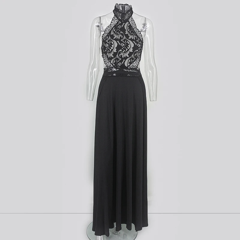 Black Red Split Hollow Out Lace Backless Long Maxi Dress