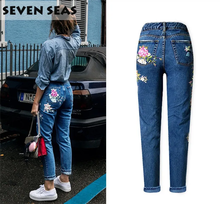 Новинка, модные женские джинсы с 3D цветком, с вышивкой, средняя талия, повседневные, свободные, прямые, джинсы для женщин, плюс размер, джинсовые штаны