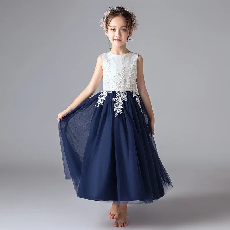 Long Flower Girls Wedding Dress Elegant Beach Navy Blue Vestido De ...