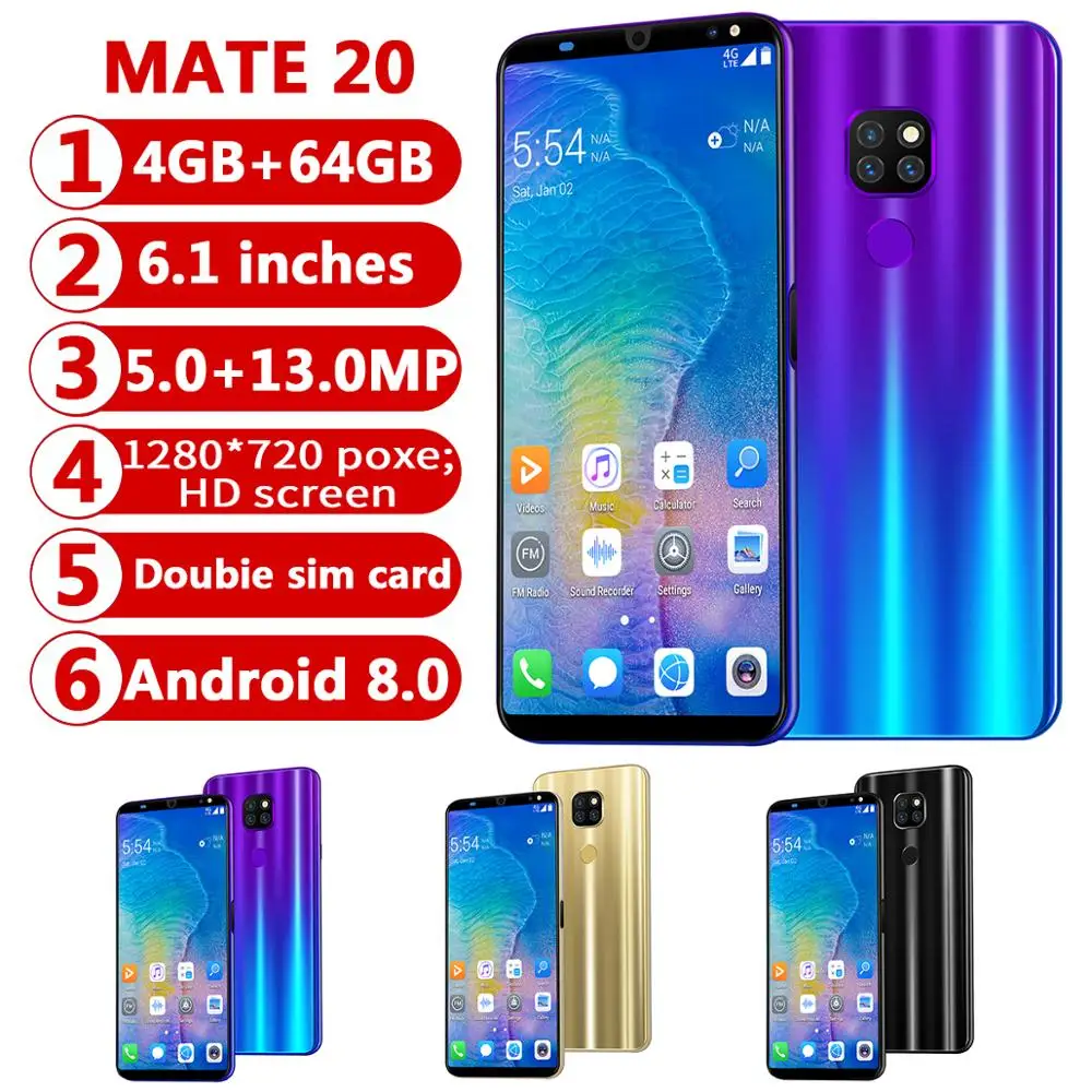 CHAOAI Smart Phone Android 4GB+64GB Mate20 Pro 6.1'' Full Screen Smartphone 8 Core Fingerprint Face Unlock Dual Sim Cell Phone