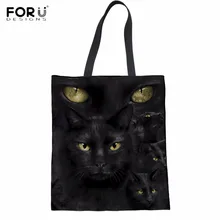 FORUDESIGNS/крутой 3D Черный кот/котенок печать женская хлопковая льняная хозяйственная сумка повседневные сумки для шоппинга для девочек Повседневная продуктовая сумка