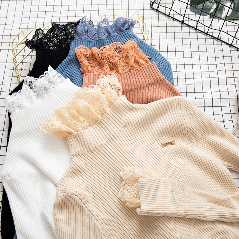 

Knitwear Women's Sweater Winter New Style Slim Long Sleeves Stitching Lace Half-high Collar Bottoming Shirt Women