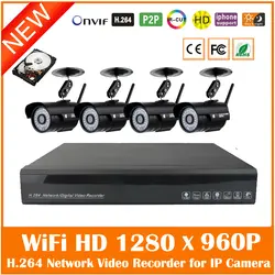 4 шт. Wi-Fi Беспроводной 960 P Пуля P2P IP Камера 4ch H.264 720 P/960 P/1080 P NVR видеонаблюдения Системы комплект с 1 ТБ HDD