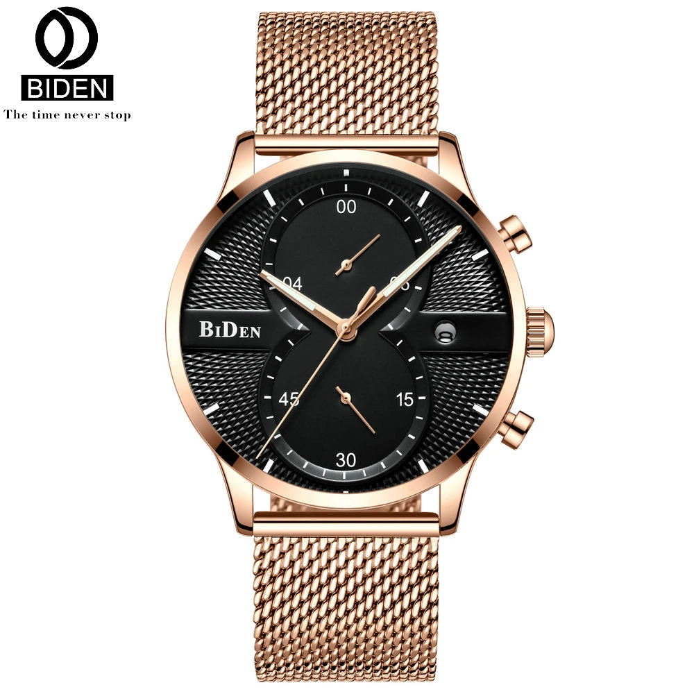 

BIDEN Mens Fashio Ultra Thin Quartz Watches Mesh Stainless Steel Watches Auto Date Wristwatches Man Business Simple Wristwatch