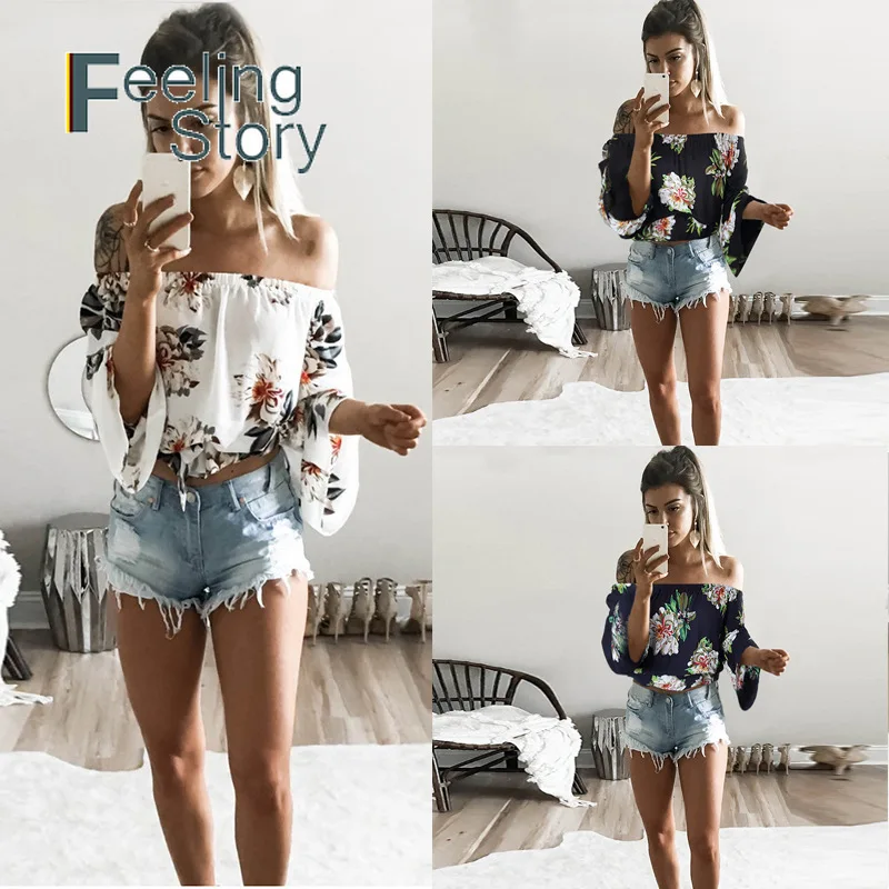 

Long Sleeve floral boho top Blouse Sexy Slash Neck Off Shoulder Blusas 2019 Summer Flowers Women Shirts bohemian clothing