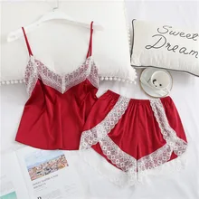 FEIER 2 PCS Lace Faux Silk Sling Cami with Striped Shorts Women Sexy Lingerie Set 2019 Summer Underwear Nightgown Silk Pajamas plus knot front striped cami with shorts
