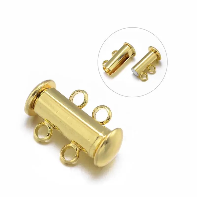 2 Strands 4 Holes Tube Brass Slide Lock Clasps, Nickel Free