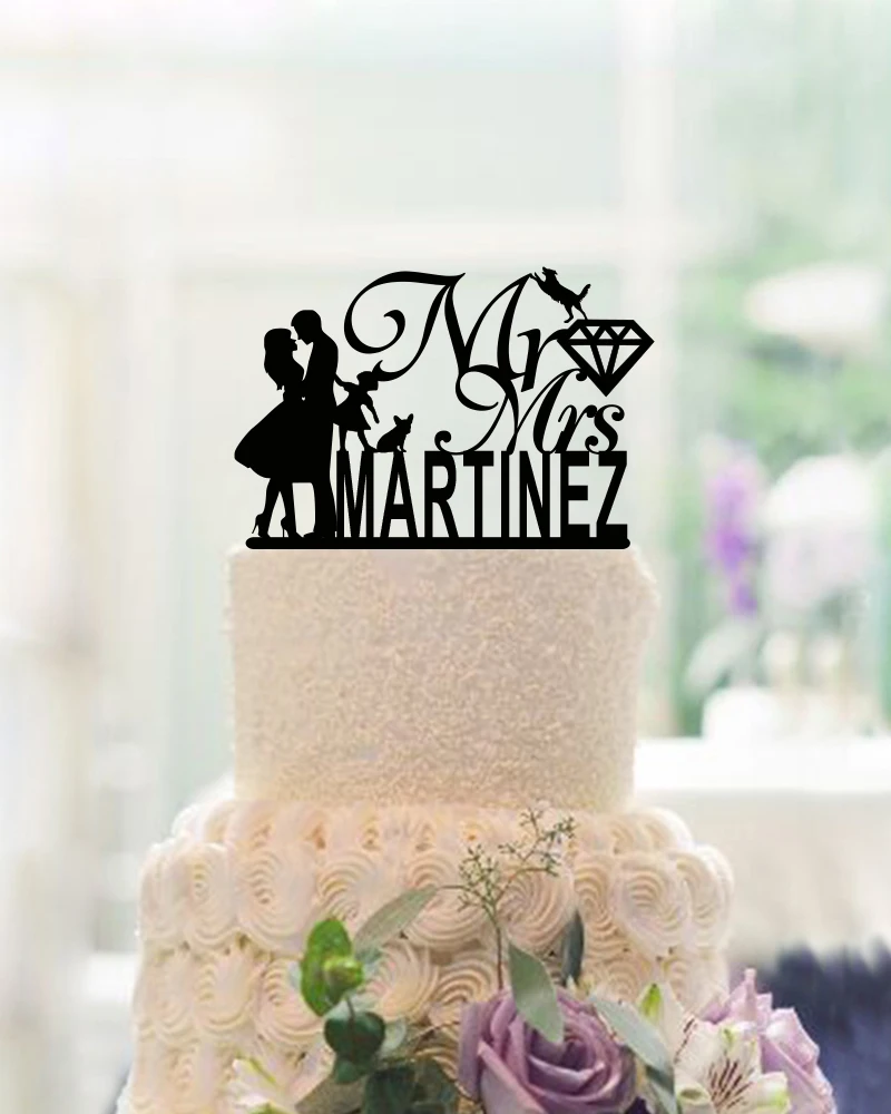 Acrylic Wedding Cake Topper with Cat Personalized Bride and Groom Cake