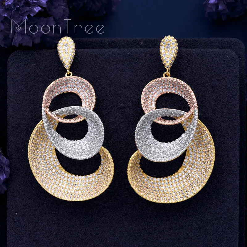 

MoonTree 62mm Luxury Exclusive Dance Belt AAA Cubic Zirconia 3 Tone Metal Color Women Wedding Party Drop Earring Fashion Jewelry