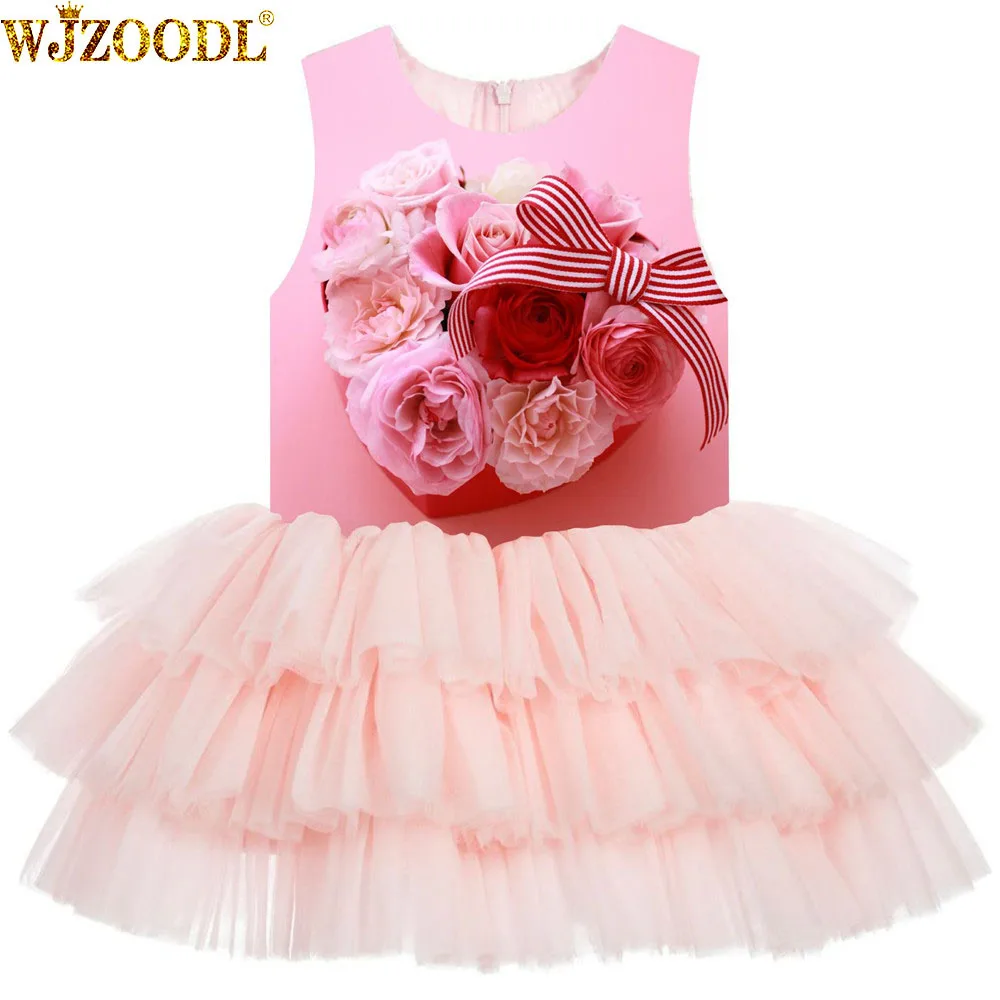 

Girl Birthday Party Dress big brand Girls Dresses For Wedding Pink flowers print Formal Princess Ball Gown Kids fashion dresse