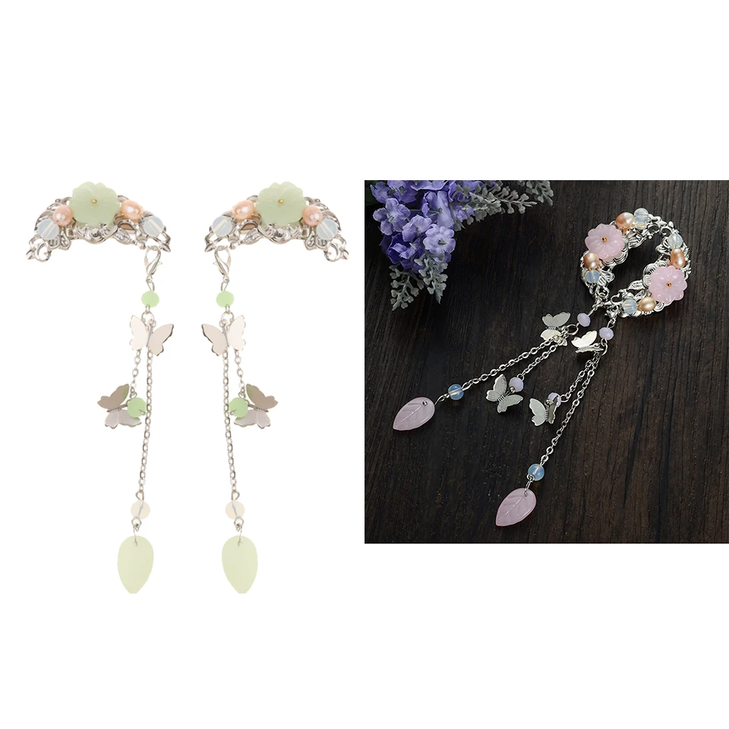 MagiDeal 1 Pair Ethnic Barrettes Hair Pin Chinese Cosplay Flower Tassel Clip